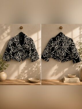 Black & White Rose Pattern Cropped Jacket